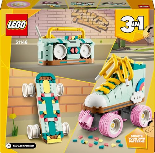 LEGO Creator 3-in-1 Retro Rollschuh – Spielzeug zum Bauen und Ausstellen - Verwandelt sich in ein Mini-Skateboard oder ein Boombox Radio – Kreatives Geschenk für Mädchen und Jungen ab 8 Jahren – 31148