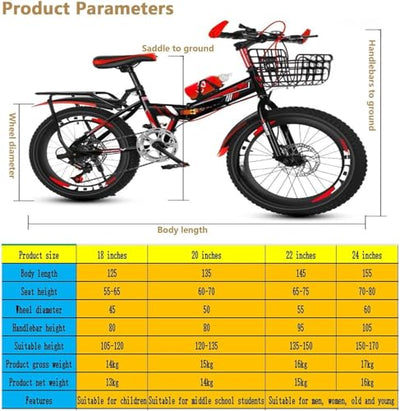 Wmmner 18/20/22/24 Zoll Mountainbike, Folding Bikes With High Carbon Steel Body For Adults Kids, Folding Bike With Shock Absorber Dual Disc Brake/Saphirblau/55,9 cm (22 Zoll)