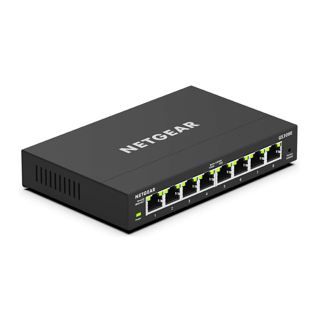 NETGEAR GS308E Managed Switch 8 Port Gigabit Ethernet LAN Switch Plus (Plug-and-Play Netzwerk Switch Managed, IGMP Snooping, QoS, VLAN, lüfterlos, Robustes Metallgehäuse) Schwarz