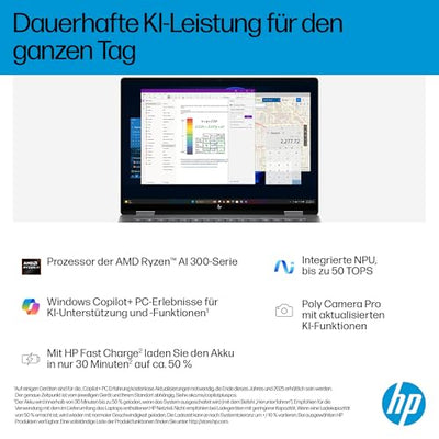 HP OmniBook X Flip 2in1 Next Gen AI Laptop | AMD Ryzen AI 7 350 (8C) | dedizierte NPU für KI | 50 NPU Tops | Copilot+ PC | 14" WUXGA 1920x1200 Touchscreen | 16GB | 512GB SSD | Win11 | QWERTZ | Silber
