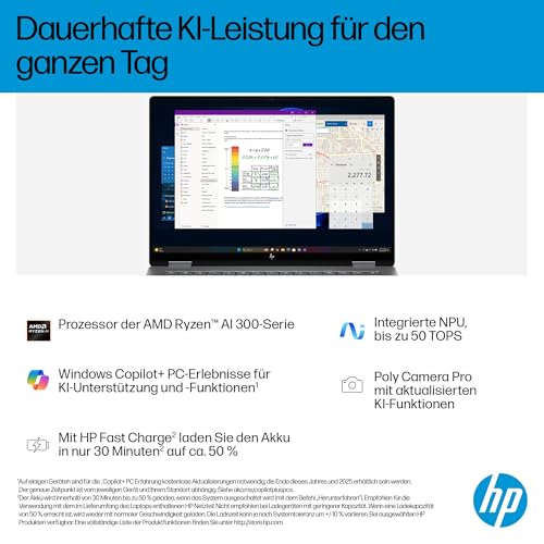 HP OmniBook X Flip 2in1 Next Gen AI Laptop| AMD Ryzen AI 7 350 (8C) | dedizierte NPU für KI | 50 NPU Tops | Copilot+ PC | 14" 3K 2880x1800 OLED-Touchscreen | 16GB | 1TB SSD | Win11 | QWERTZ | Silber