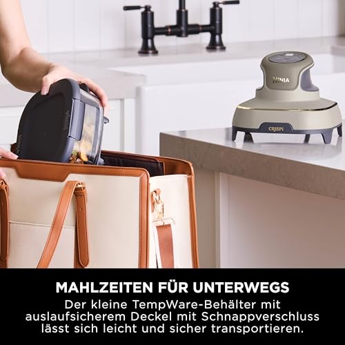 Ninja CRISPi tragbare Airfryer Heißluftfritteuse, 3,8 l, 4-in-1: Heißluftfrittieren, Braten, Warmhalten, Recrisp, 6 Portionen, 2x herausnehmbare Glasbehälter & Deckel, 1700 W, Stone Gold FN101EUSTGD