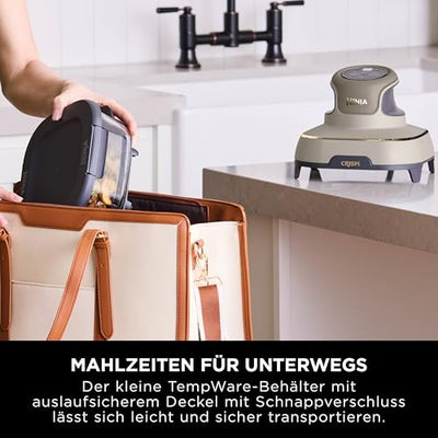 Ninja CRISPi tragbare Airfryer Heißluftfritteuse, 3,8 l, 4-in-1: Heißluftfrittieren, Braten, Warmhalten, Recrisp, 6 Portionen, 2x herausnehmbare Glasbehälter & Deckel, 1700 W, Stone Gold FN101EUSTGD