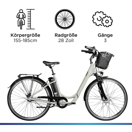 ZÜNDAPP EBike Z510 28 Zoll Elektrofahrrad mit Rücktritt E Bike Damen & Herren E-Bike 3 Gang Fahrrad Elektro Pedelec City Elektrofahrräder Hollandrad mit Korb (Antique White, 48 cm)