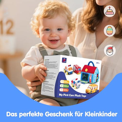 Hahaland Baby Spielzeug 6 12 Monate,4 Stück Spielzeugautos Set, Plüsch Pull-Back & Go Autospielzeug mit Spielmatten,Montessori Auto Spielzeug für 1 2 3 Jahr Jungen Mädchen,Geschenk für Kinder