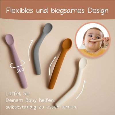 Moonkie Silikon-Baby-Löffel 4er-Set, mit weicher Spitze erste Phase der Säuglingsernährung, biegsame, kausichere -Trainingslöffel, ideal für die Selbstfütterung und Led Weaning