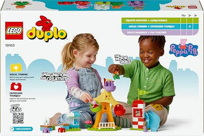 LEGO DUPLO Peppa Wutz Jahrmarkt - Montessori Spielzeug - Motorikspielzeug für Kinder ab 2 Jahren - Vorschule Spiele mit Riesenrad, Rutsche & 3 Figuren inkl. Mollie Mieze & Klausi Kläff 10453