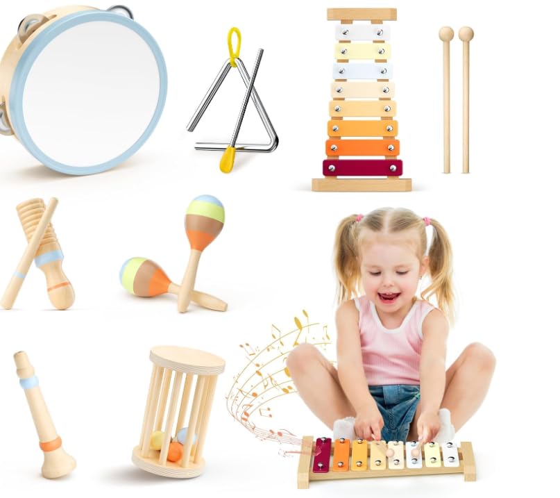 Musikinstrumente für Kinder, Montessori Musikinstrumente Set, Musik Holzspielzeug für Jungen und Mädchen, Spielzeug Geschenke Trommel Xylophon für Kleinkinder ab 1-3 Jahren