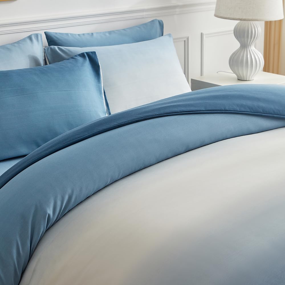 OLDBIAO Bettwäsche 200x200 cm 3er Set (1 Bettbezug 200x200cm + 2 Kissenbezüge 80x80cm), Weiß - Blau Farbverluaf Design, Weich Pflegeleicht Bettdecke Cover aus Mikrofaser Ästhetisch Bettwaren