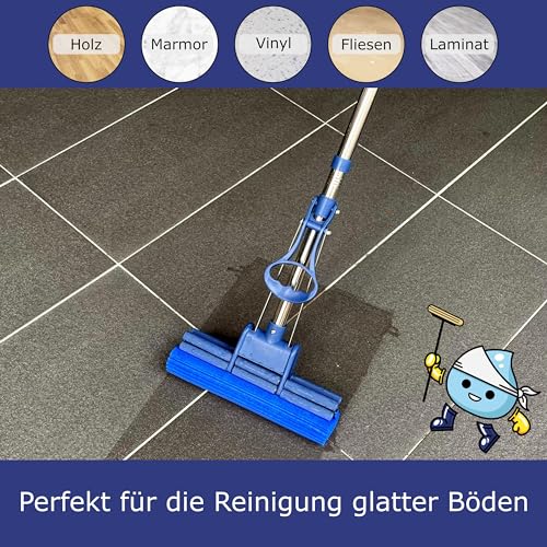 CleanAid OneTouch GO! Wischmopp, Bodenwischer, Wringmopp, Wischer mit Auswringfunktion - besonders saugstark - mit PVA Schwamm und Segmentstiel aus Edelstahl