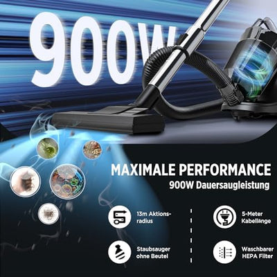 Tisoutec Beutelloser Staubsauger ohne Beutel,900W Staubsauger|70dB|Bodenstaubsauger|HEPA Filter Bodendüse für Parkett,Teppich,Fliesen,leistungsstarker Staubsauger mit 5m Kabel=13m Aktionsradius 2,2L