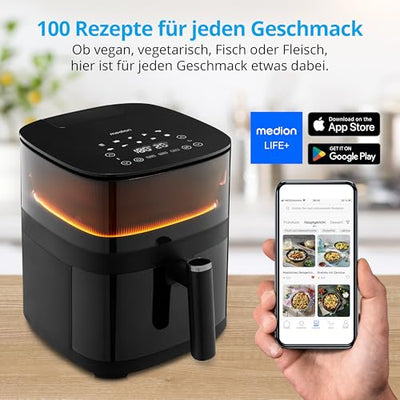 MEDION X10 XL Heißluftfritteuse (5 Liter Frittierkorb, innovative Wassersprühfunktion für krosse knusprige Speisen, 1.500 Watt, Sichtfenster, Schüttel Alarm,10 Automatikprogramme)