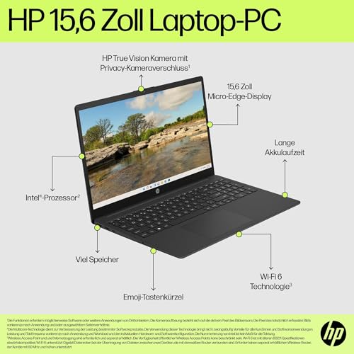 HP Laptop | 15,6" FHD Display | Intel Core i3-N305 | 8 GB DDR4 RAM | 512 GB SSD | Intel UHD Graphics | Windows 11 Home | QWERTZ | Jet Black