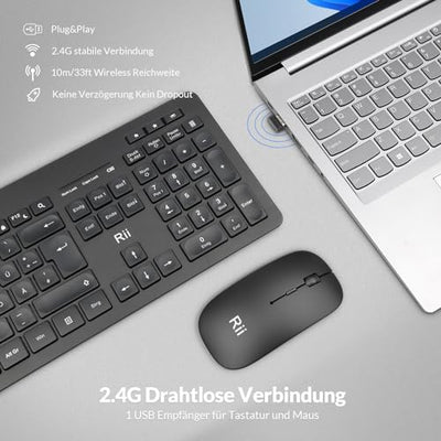 Rii Leise Tastatur Maus Set kabellos, Funktastatur mit Maus, Wireless Keyboard and Mouse, Für PC/Laptop/Windows/Smart TV, Deutsches Layout - schwarz