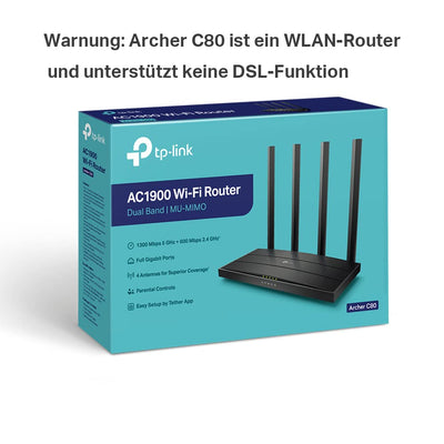 TP-Link Archer C80 Dualband WLAN Router (600 Mbit/s 2,4GHz, 1300Mbit/s 5GHz), 4 Gigabit LAN Ports, Print/Media/FTP Server, Gast-Netzwerk, unterstützt keine DSL-Funktion