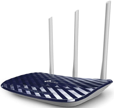 TP-Link Archer C20 Dual Band WLAN Router (300Mbit/s auf 2,4GHz + 433Mbit/s auf 5GHz, 4 10/100 LAN + 1 10/100 WAN Ports, unterstützt einfachen Gast-Netzwerk Zugriff und Kinderschutz) blau weiß
