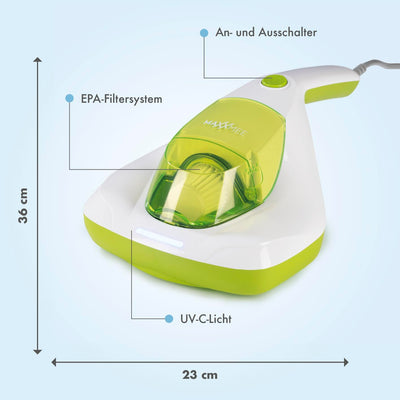MAXXMEE Milben-Handstaubsauger inkl. Anti-Milben Spray | Antimilben-Sauger mit UV-C Licht, vernichtet 99,9% der Milben | Matratzensauger inkl. HEPA Filter und 250ml Staubbehälter [Limonengrün]
