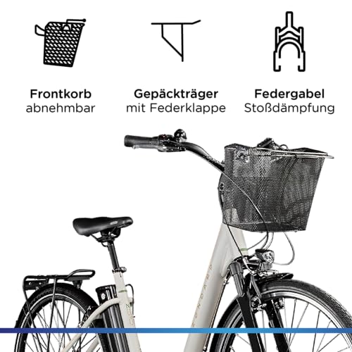 ZÜNDAPP EBike Z510 28 Zoll Elektrofahrrad mit Rücktritt E Bike Damen & Herren E-Bike 3 Gang Fahrrad Elektro Pedelec City Elektrofahrräder Hollandrad mit Korb (Antique White, 48 cm)