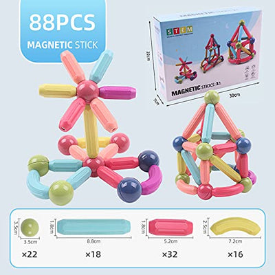 Magnetische und Stangen, 88 Stück magnetische Kugeln, Magnetbaustäbchen-Set, Bausteine, Fliesen, STEM Stapelspielzeug für Kinder ab 3 Jahren (88 Stück)