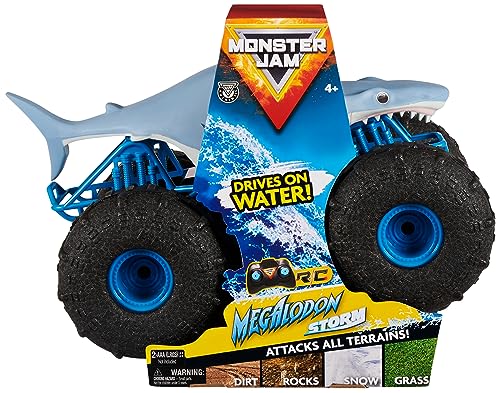 Monster Jam Megalodon Storm, RC Truck, Amphibienfahrzeug in Hai-Optik für Land und Wasser, Maßstab 1:15 - kinderleichte Bedienung, ab 4 Jahren