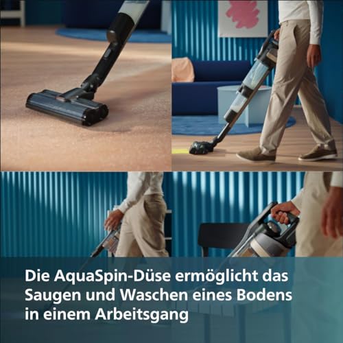 Philips Kabelloser Nass-Trockensauger AquaTrio 9000 Series, 3in1 Staubsaugen und Nasswischen, automatische Selbstreinigung, bis zu 45 Minuten Laufzeit und 185 m², 3 Reinigungsmodi, Schwarz (XW9384/01)