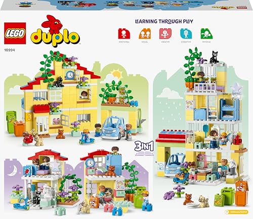 LEGO 10994 DUPLO 3-in-1-Familienhaus, Puppenhaus aus Bausteinen mit Push&Go Auto, 5 Figuren, 2 Tieren und Spielzeug-Lampe, Spielhaus Geschenk für Kleinkinder, Mädchen und Jungen ab 3 Jahren