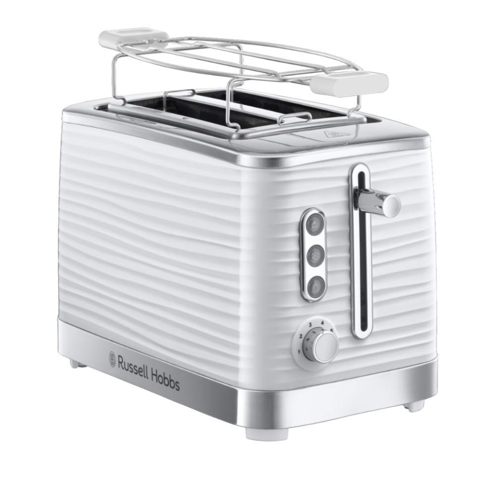 Russell Hobbs Toaster [für 2 Scheiben] Inspire Weiss mit hochwertiger Hochglanz-Struktur (extra breite Toastschlitze, inkl. Brötchenaufsatz, 6 Bräunungsstufen + Auftau- & Aufwärmfunktion) 24370-56