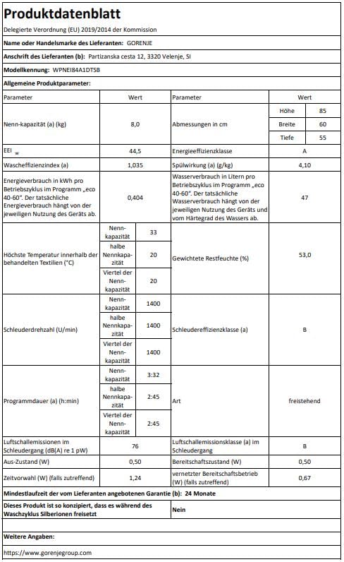 Gorenje WPNEI84A1DTSB Waschmaschine mit Dampffunktion/ConnectLife / 8Kg / 1400 U/min / 15 Programme/Totaler AquaStop/Wave Active Trommel/ExtraHygiene/PowerWash/Schnell Waschgang/EEK: A-10%