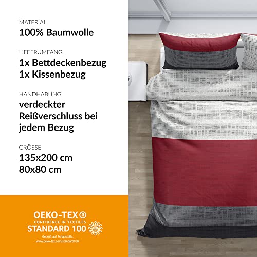 LARAWELL Bettwäsche 135x200 Baumwolle Ganzjahres Bettwäsche-Sets rot grau gestreift Premium