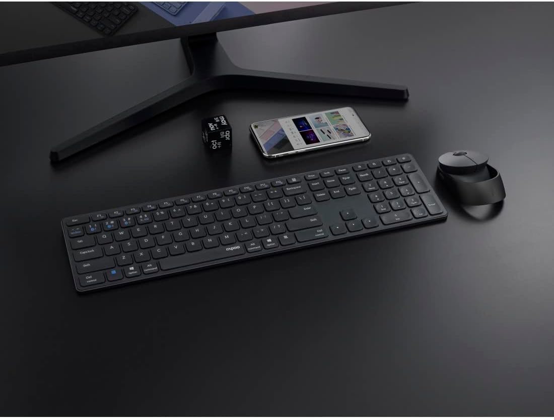 Rapoo 9850M kabelloses Tastatur-Maus Set Wireless Deskset 1600 DPI Sensor wiederaufladbarer Akku flaches Aluminium Design DE-Layout QWERTZ PC & Mac - dunkelgrau