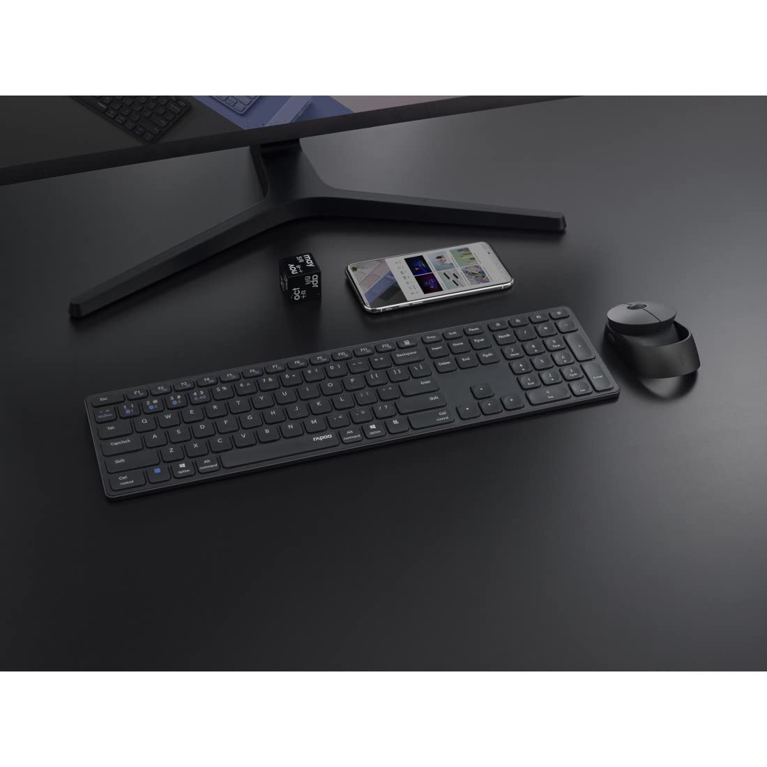 Rapoo 9850M kabelloses Tastatur-Maus Set Wireless Deskset 1600 DPI Sensor wiederaufladbarer Akku flaches Aluminium Design DE-Layout QWERTZ PC & Mac - dunkelgrau