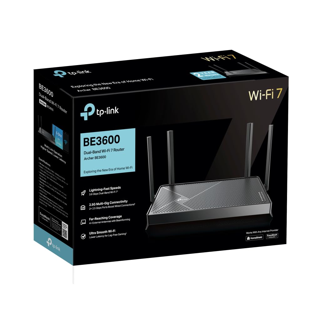 TP-Link WiFi 7 Router Archer BE3600 | Dual-Band WLAN 3570 Mbps | 2 x 𝟐,𝟓𝐆-𝐏𝐨𝐫𝐭𝐬 | USB 3.0 | EasyMesh | VPN-Clients und -Server | HomeShield