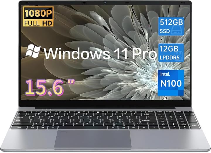 Gezoon 15,6 Zoll Laptop, 12th Quad Core N100 (bis zu 3,4 GHz) CPU, 12 GB LPDDR5 RAM 512 GB SSD, 2K FHD IPS Laptops, 2,4G/5G WiFi, Webcam, voll ausgestatteter Typ-C, Akku mit großer Kapazität