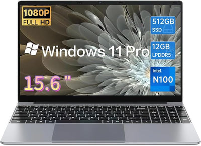 Gezoon 15,6 Zoll Laptop, 12th Quad Core N100 (bis zu 3,4 GHz) CPU, 12 GB LPDDR5 RAM 512 GB SSD, 2K FHD IPS Laptops, 2,4G/5G WiFi, Webcam, voll ausgestatteter Typ-C, Akku mit großer Kapazität