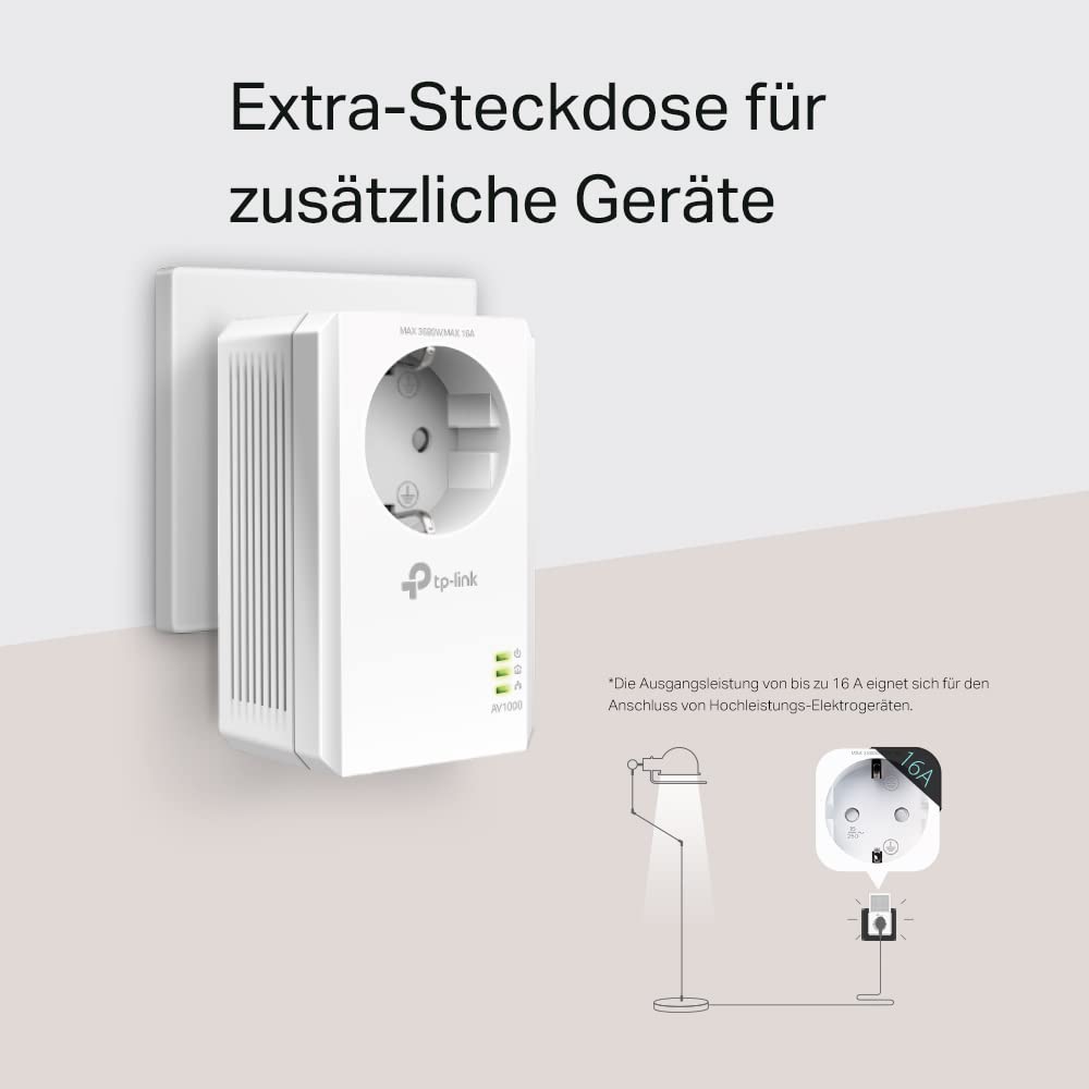 TP-Link TL-PA7019P KIT AV1000 Gigabit Powerline Adapter mit Steckdose (1x Gigabit Port, Plug und Play, energiesparend, kompatibel zu allen gängigen Powerline Adaptern) weiß