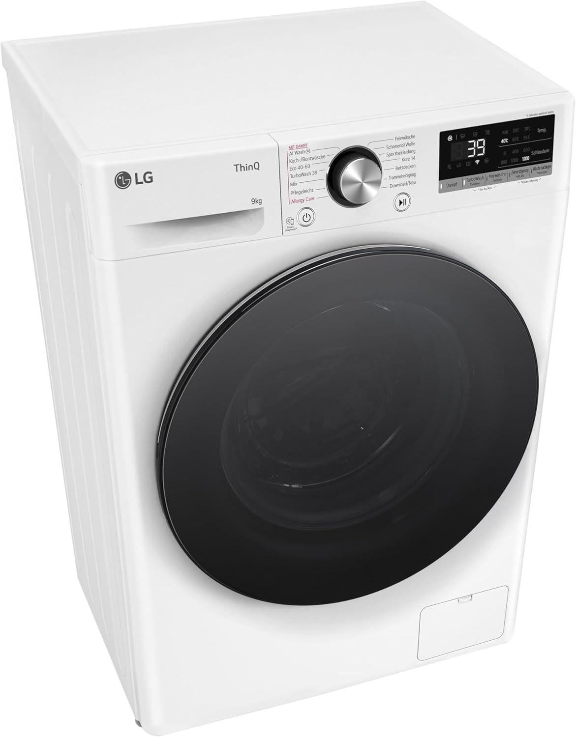 LG F2V7SLIM9, Klasse A, Waschmaschine Slim 9 kg, 60x47.5x85 cm, Wi-Fi, AI Direct Drive, Tiefenreinigung mit Dampf, TurboWash 360°, Außentür aus Gehärtetem Glas, Weiß mit Schwarzem Bullaugenring
