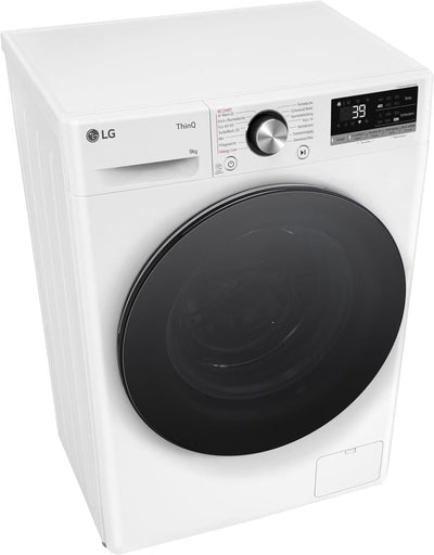 LG F2V7SLIM9, Klasse A, Waschmaschine Slim 9 kg, 60x47.5x85 cm, Wi-Fi, AI Direct Drive, Tiefenreinigung mit Dampf, TurboWash 360°, Außentür aus Gehärtetem Glas, Weiß mit Schwarzem Bullaugenring
