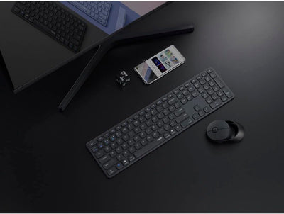 Rapoo 9850M kabelloses Tastatur-Maus Set Wireless Deskset 1600 DPI Sensor wiederaufladbarer Akku flaches Aluminium Design DE-Layout QWERTZ PC & Mac - dunkelgrau