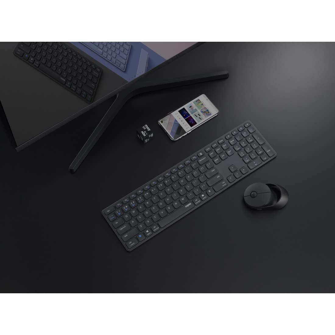 Rapoo 9850M kabelloses Tastatur-Maus Set Wireless Deskset 1600 DPI Sensor wiederaufladbarer Akku flaches Aluminium Design DE-Layout QWERTZ PC & Mac - dunkelgrau