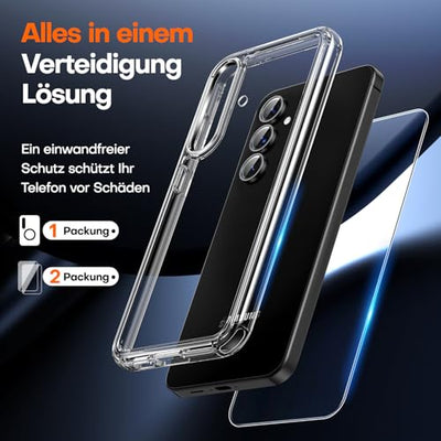 TAURI 3 in 1 für Samsung Galaxy S24 FE Hülle, Handyhülle für S24 FE Case, mit 1 Handyhülle + 2 Stück Schutzfolie, Anti-Gelb Stoßfest Schutzhülle -Transparent