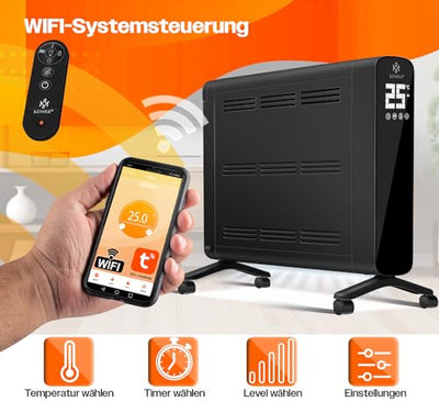 KESSER® Konvektor Premium 1200W ECO 2400W Power Mode Heizstufen Thermostat Elektroheizung WiFi App & Fernbedienung Touch-Display Timer mobiles Heizgerät Energiesparend Überhitzungsschutz Schwarz