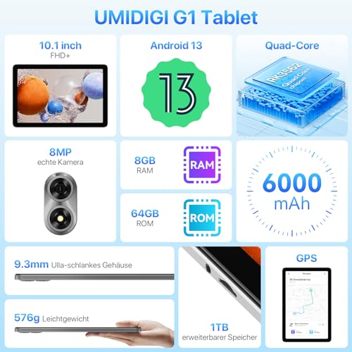 UMIDIGI G1 TAB 10.1 Zoll Tablet, Tablet Android, 8GB RAM (4GB+4GB), 64GB ROM(1TB TF), RK3562 Quad Core Gaming Tablets PC mit 6000 mAh Akku, 8MP+8MP, BT5.0, WiFi 6, GMS, Grau