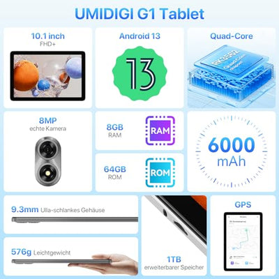 UMIDIGI G1 TAB 10.1 Zoll Tablet, Tablet Android, 8GB RAM (4GB+4GB), 64GB ROM(1TB TF), RK3562 Quad Core Gaming Tablets PC mit 6000 mAh Akku, 8MP+8MP, BT5.0, WiFi 6, GMS, Grau
