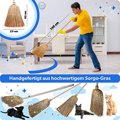 KADAX Reisstrohbesen, Reisigbesen, Besen mit langem Stiel aus Holz, funktionaler Strohbesen, Besen aus Sorgogras, Hexenbesen, Hofbesen aus Reisstroh (L: 140 cm)