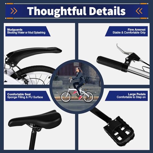 MEHOOSPVN 20-Zoll-Faltrad, Klapprad mit 6 Gang-Schaltung, höhenverstellbares Carbonstahl-Faltrad, Federgabel Fahrräder Klappfahrrad für Kinder oder Erwachsene mit Schutzblechen, Weiß