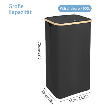 Wäschekorb -100L Waschbarer und hygienischer Groß Wäschesammler schmal mit herausnehmbarem Wäschesack-Wäschekorb mit Deckel & Bambusrand - Wäscheboxen - waschkorb (Schwarz)
