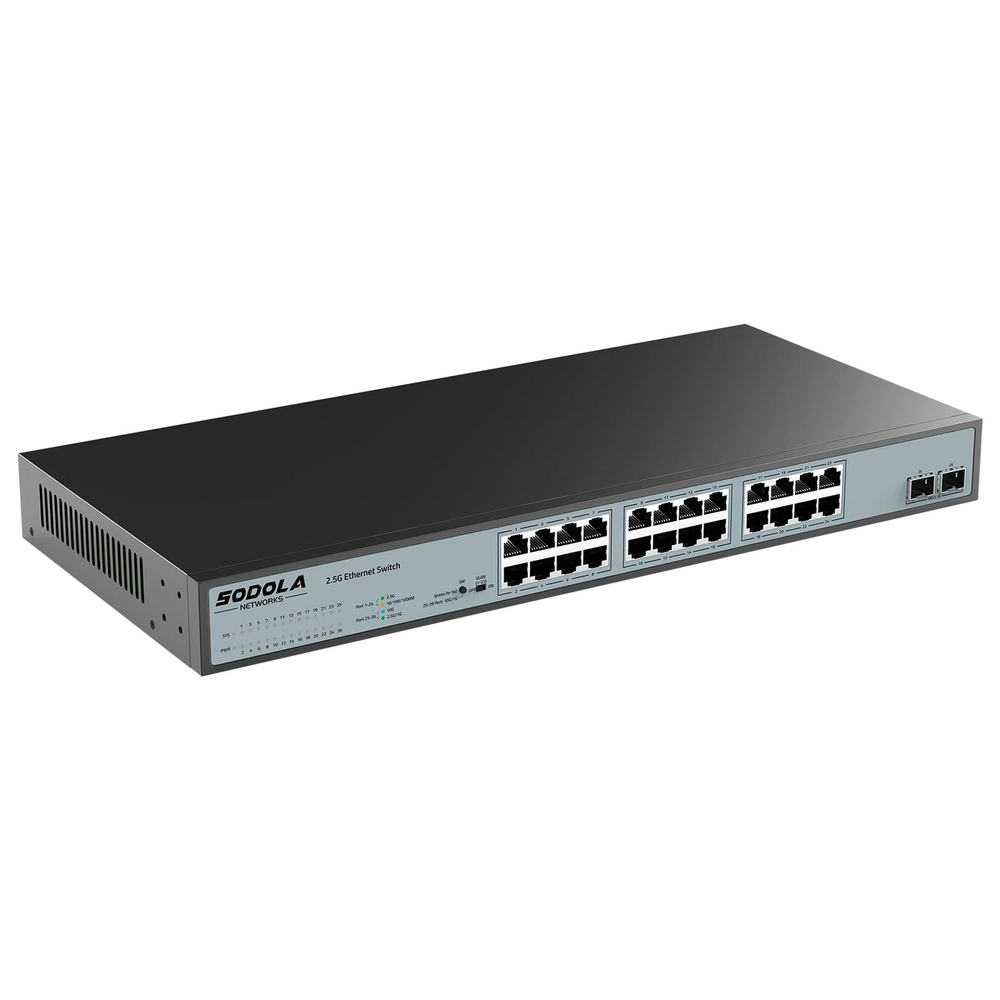 SODOLA Umanaged Switch mit 24 Ports, 2,5 GB, 24 x 2,5 G Base-T-Ports, 2 x 10 G SFP, 160 Gbit/s Schaltkapazität, Portisolierung, IU Rack-Mount/lüfterlos/Plug & Play Multi-Gig, nicht verwalteter
