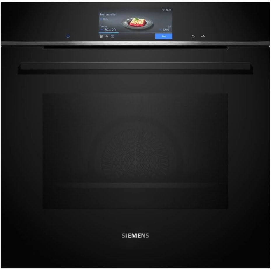 Siemens HB778G3B1,Q700 Smarter Einbau-Backofen, 60 x 60 cm, Made in Germany, Pyrolyse & Hydrolyse Selbstreinigung, Bratenthermometer, Air Fry, Backautomatik, Farbiger Touchscreen, 4D Heißluft, Schwarz