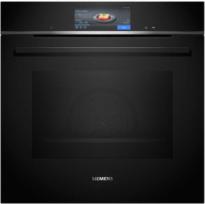Siemens HB778G3B1,Q700 Smarter Einbau-Backofen, 60 x 60 cm, Made in Germany, Pyrolyse & Hydrolyse Selbstreinigung, Bratenthermometer, Air Fry, Backautomatik, Farbiger Touchscreen, 4D Heißluft, Schwarz