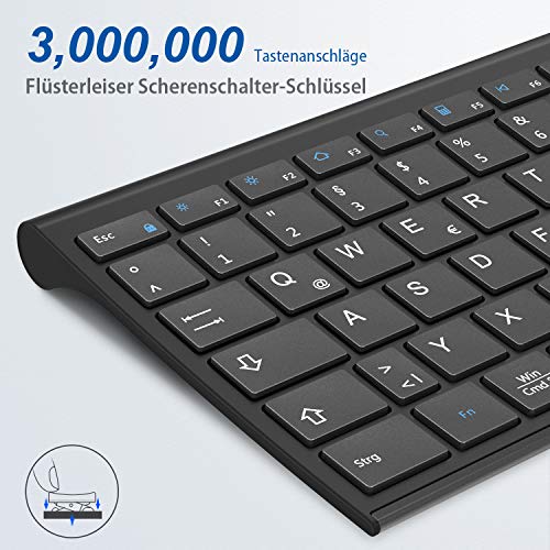 iClever Kabellose Tastatur, wiederaufladbare 2,4 GHz Funk Tastatur, Deutsches QWERTZ Layout, für Computer/Desktop/PC/Laptop/Chrome OS und Windows 10/8/7, Schwarz